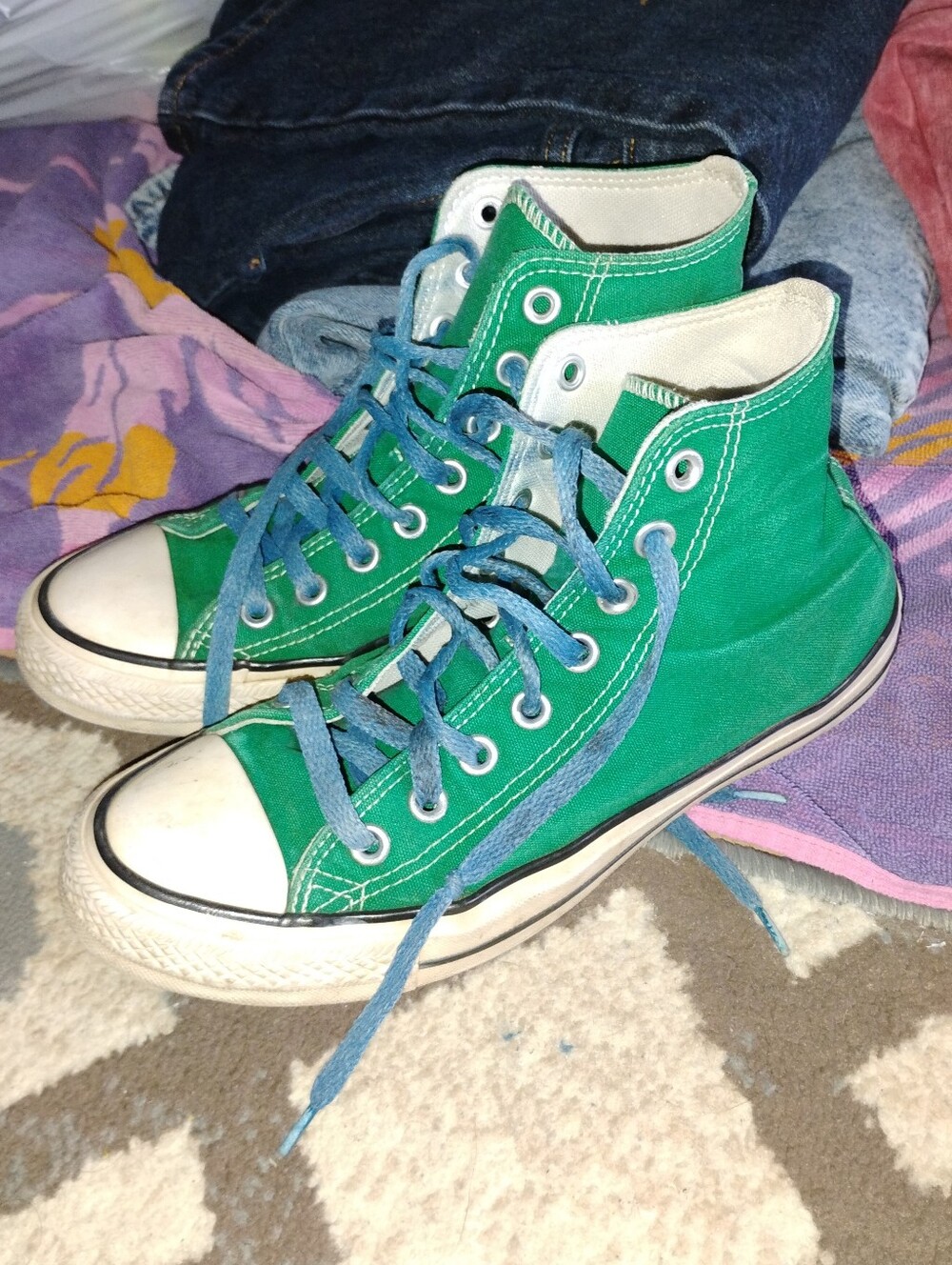 Green Converse High Top Shoes with Blue Laces Mens 7 Womens 9 Unisex
